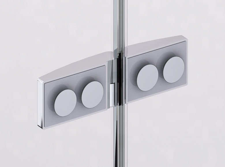 On the inside hinges flush with the glass facilitate cleaning due to smooth surfaces